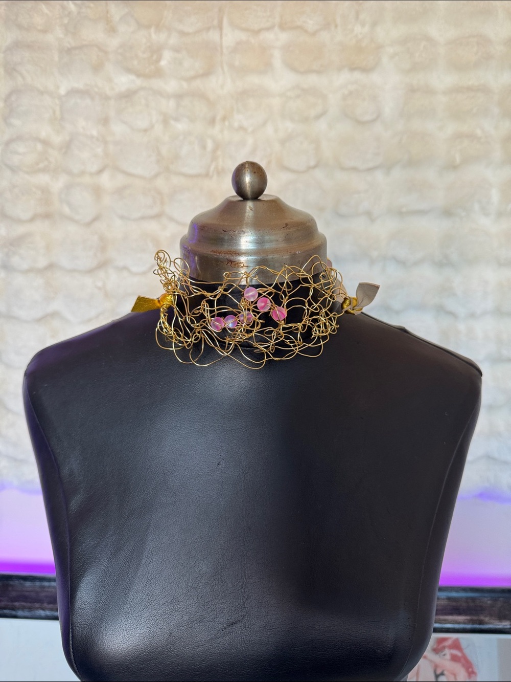 Handmade Gold Wire Choker Necklace with Pink Bead Accents
